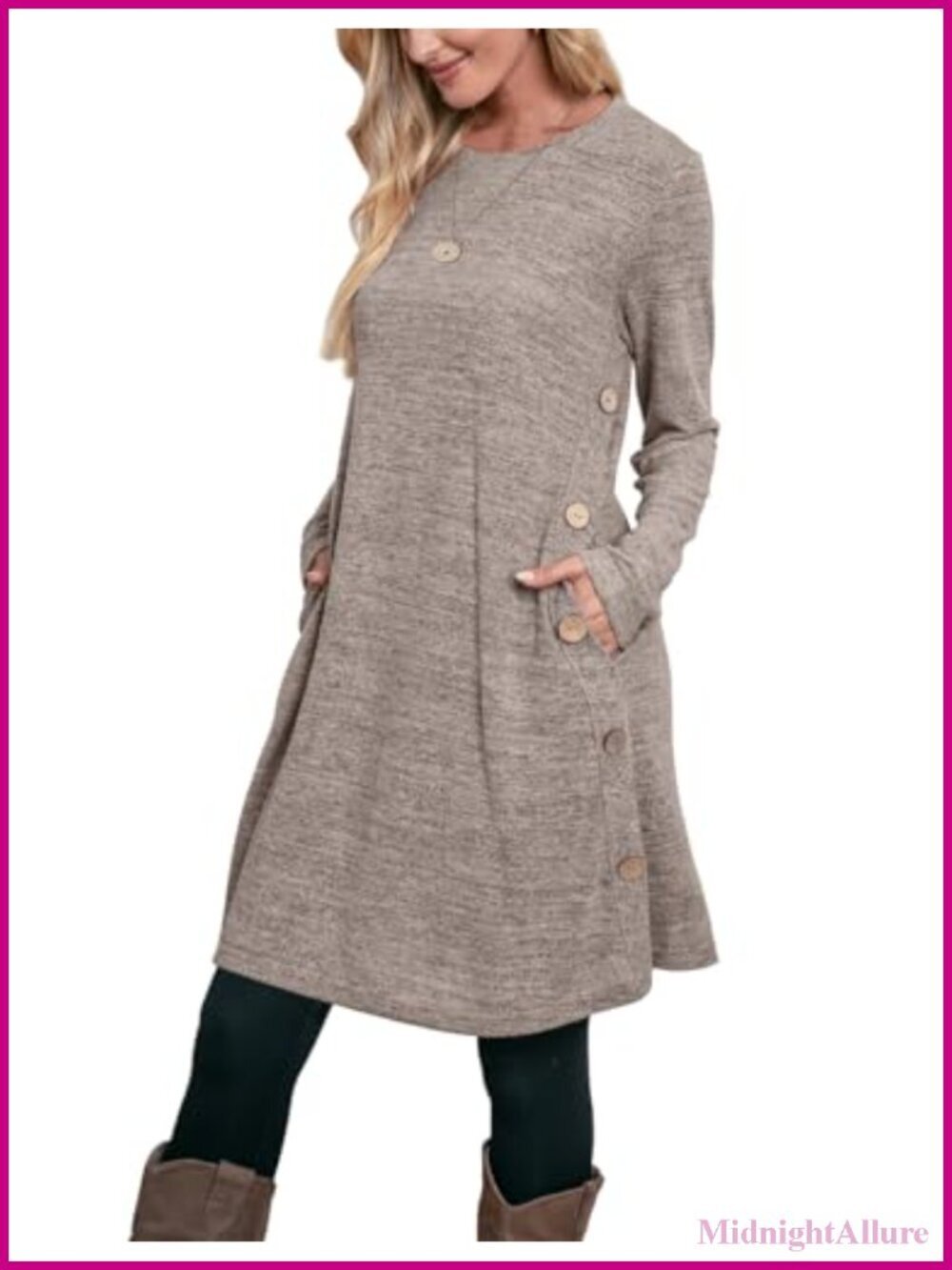 Long Sleeve Tunic Dress with Pockets Buttons Side